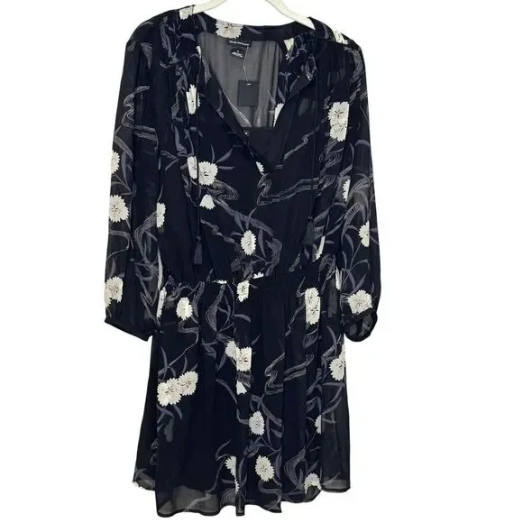 Club Monaco Roanna Dress Womens 4 Black Floral Silk Long Sleeve Mini Boho Chic - Picture 2 of 14